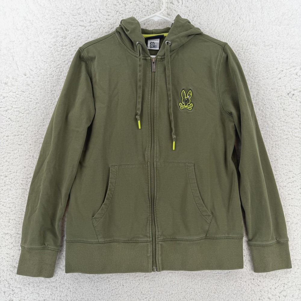 Psycho Bunny Hoodie Mens Small Green Full Zip Skull Bunny Logo Sweatshirt